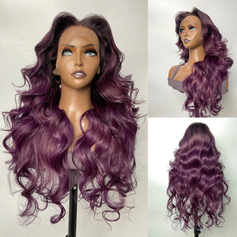 QVR Body Wave Ombre Smokey Dark Purple 13x4 Lace Front Wig With Black Root Human Hair - Image 6