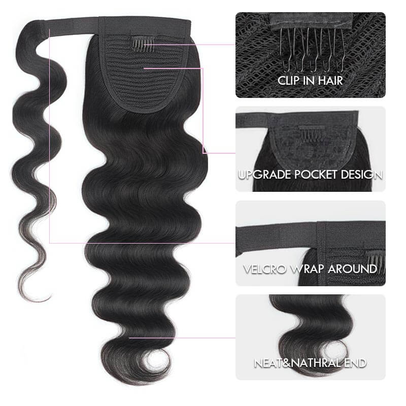 QVR Body Wave Ponytail Extension Human Hair Wrap Around Natural Black Clip In Ponytail Hair - Image 3