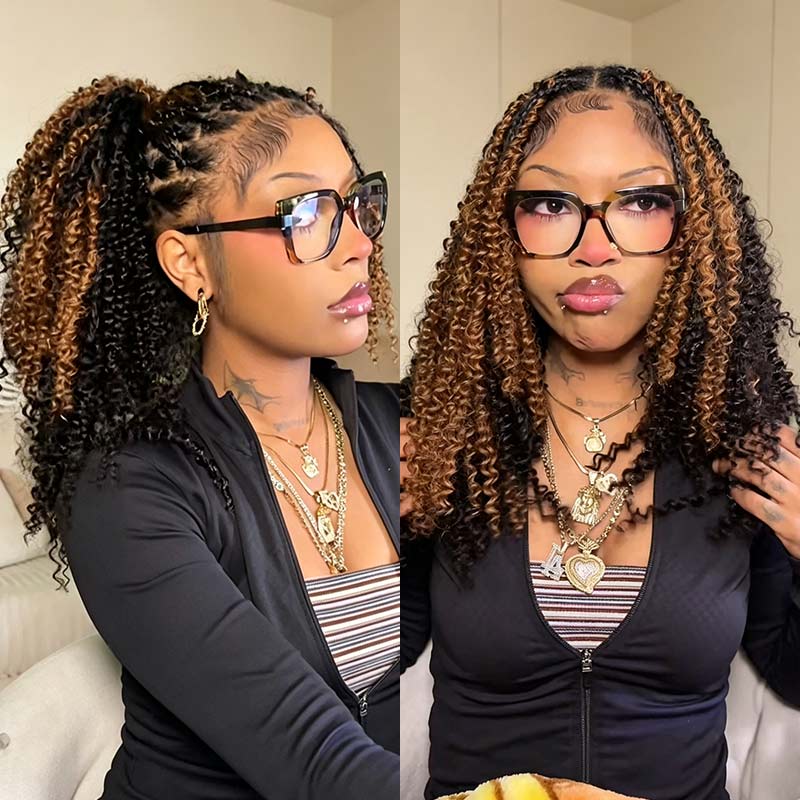 QVR Brown Highlight Crochet Hair Small Kinky Curly #1B+#30 Machine Made Feather Human Hair Extension - Image 3