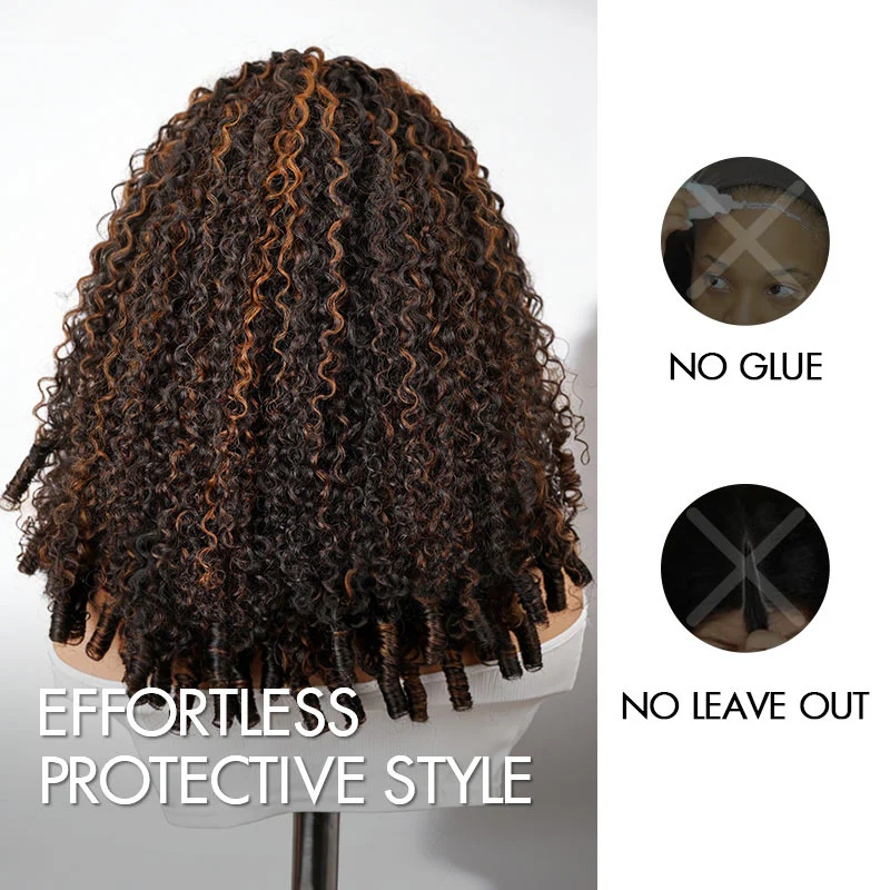 QVR Brown Highlight V Part Wigs Burmese Curly Invisible Lace Edge Human Hair Wig - Image 3