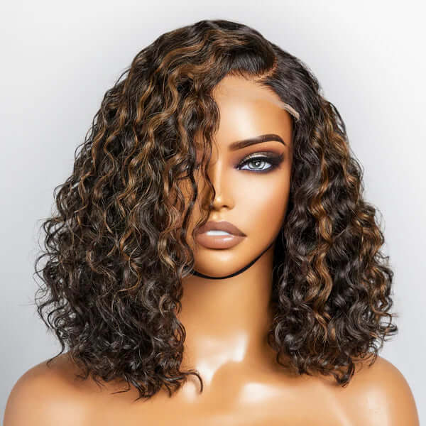 QVR Brown Highlights Water Wave C Lace Glueless Left Part Short Bob Wigs - Image 3