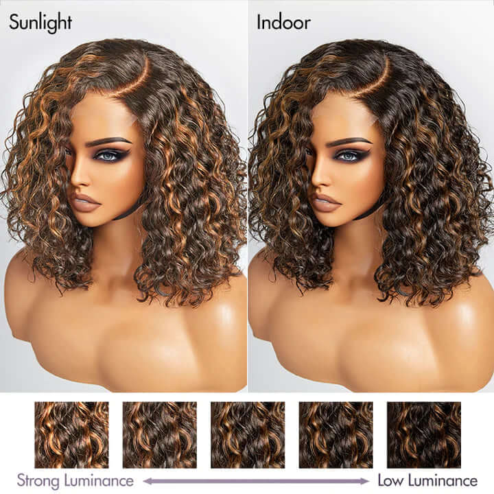 QVR Brown Highlights Water Wave C Lace Glueless Left Part Short Bob Wigs - Image 4