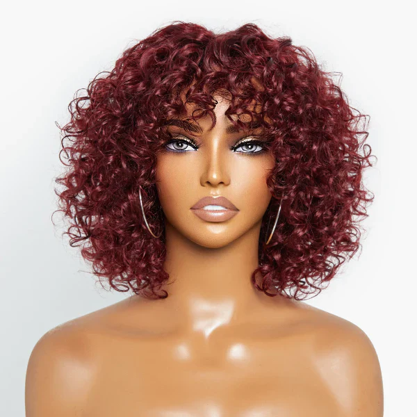 QVR Burgundy Water Wave Short Pixie Cut Wigs With Bangs Ombre Color Bob Wigs - Image 5