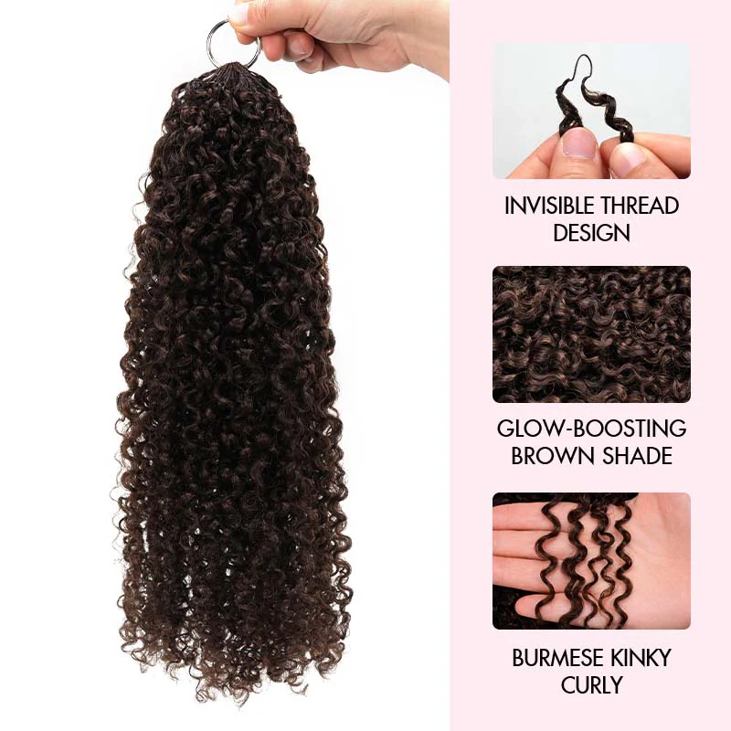 QVR Burmese Kinky Curly Feather Crochet Human Hair Dark Brown Miracle Knots Crochet Weave Hair Extensions - Image 4