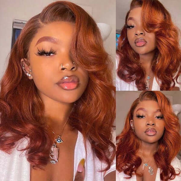 QVR Copper Brown 13x4 Lace Front Body Wave Wig Ginger Brown Pre plucked Hairline Human Hair Wigs