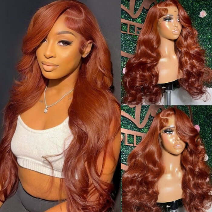 QVR Copper Brown 13x4 Lace Front Body Wave Wig Ginger Brown Pre plucked Hairline Human Hair Wigs - Image 2