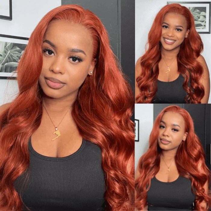 QVR Copper Brown 13x4 Lace Front Body Wave Wig Ginger Brown Pre plucked Hairline Human Hair Wigs - Image 3