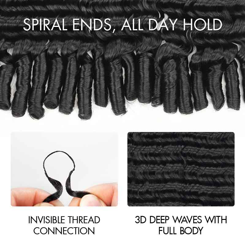 QVR Deep Wave Feather Crochet Human Hair with Sprial Ends Machine Made Crochet Weave Hair Extensions - Image 4