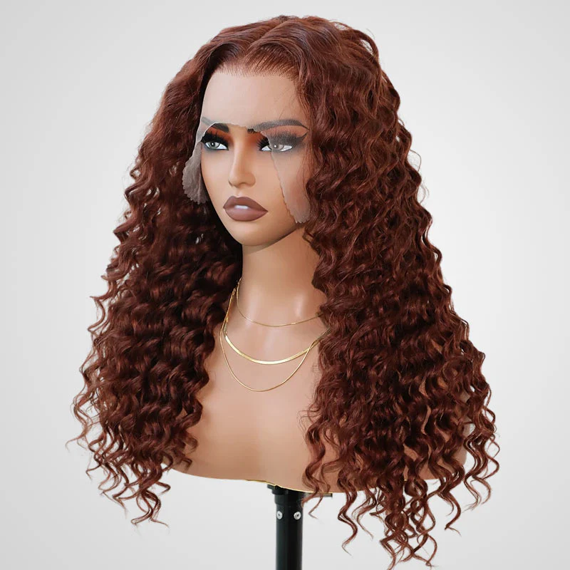 QVR Deep Wave Reddish Brown 13x4 Lace Frontal Wigs Pre-plucked Human Hair Wigs - Image 4