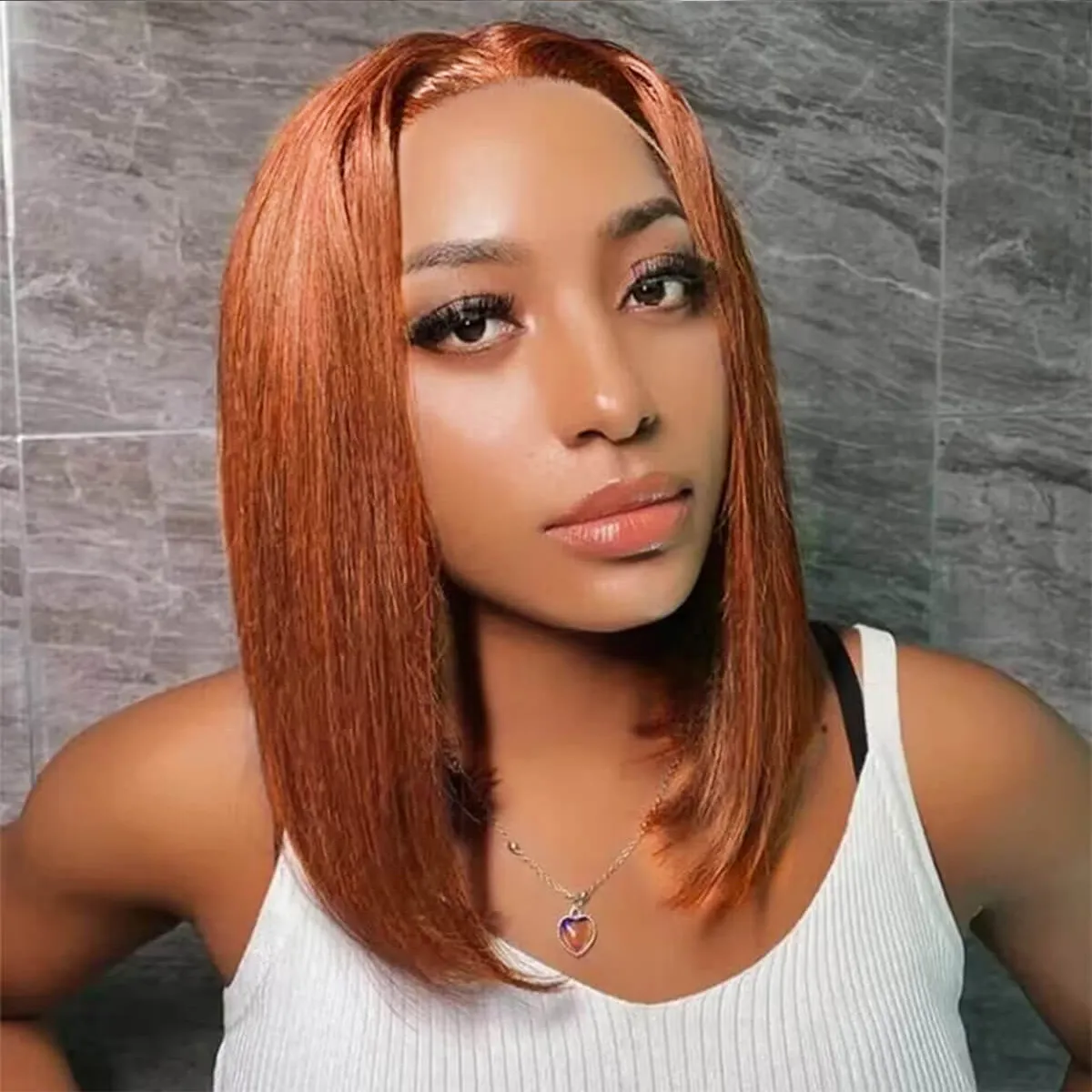 QVR Dirty Oranage Color Short Bob Wigs 5x5 Pre-cut Lace Straight Human Hair Wigs - Image 2