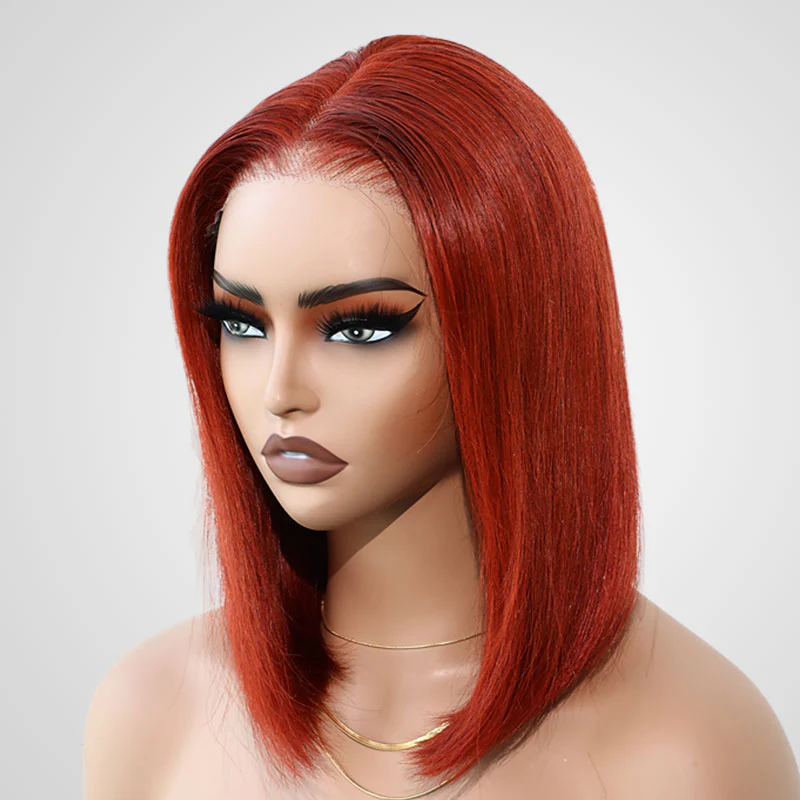 QVR Dirty Oranage Color Short Bob Wigs 5x5 Pre-cut Lace Straight Human Hair Wigs - Image 4