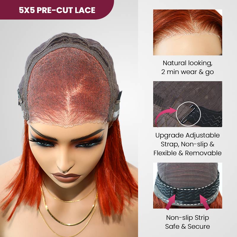 QVR Dirty Oranage Color Short Bob Wigs 5x5 Pre-cut Lace Straight Human Hair Wigs - Image 7