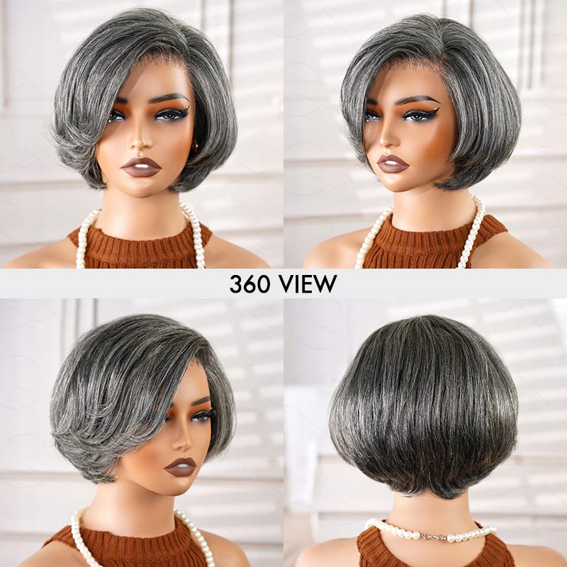 QVR Elegant Salt & Pepper Short Bob Wigs Glueless 13X4 Pre-cut Lace Human Hair Wigs - Image 3