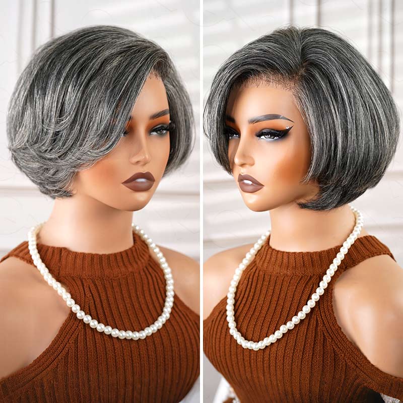QVR Elegant Salt & Pepper Short Bob Wigs Glueless 13X4 Pre-cut Lace Human Hair Wigs - Image 4