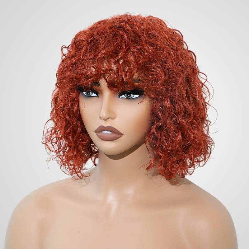 QVR Ginger Orange Color Water Wave Machine Made Wig With Bang Short Bob Wigs - Image 2