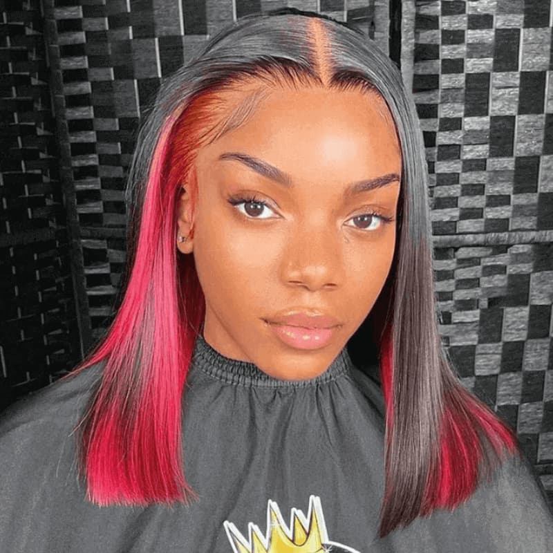 QVR Glueless 13x4 Peekaboo Highlights Red Colored Transparent Lace Human Hair Bob Wigs - Image 2