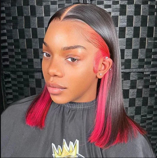QVR Glueless 13x4 Peekaboo Highlights Red Colored Transparent Lace Human Hair Bob Wigs - Image 4