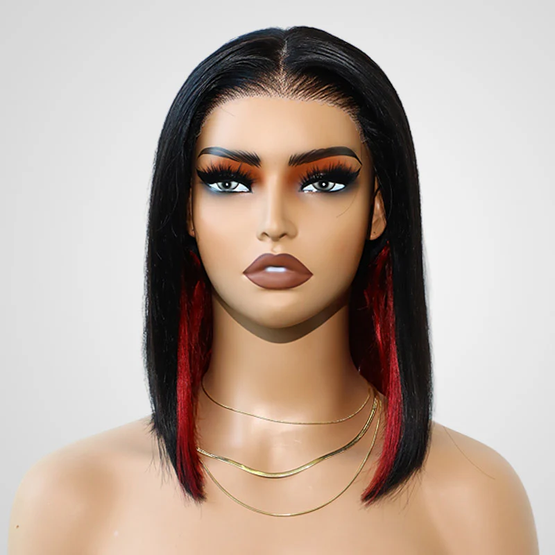 QVR Glueless 13x4 Peekaboo Highlights Red Colored Transparent Lace Human Hair Bob Wigs - Image 5