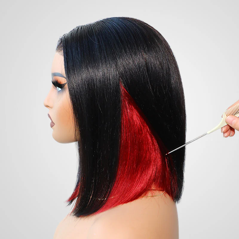 QVR Glueless 13x4 Peekaboo Highlights Red Colored Transparent Lace Human Hair Bob Wigs - Image 6
