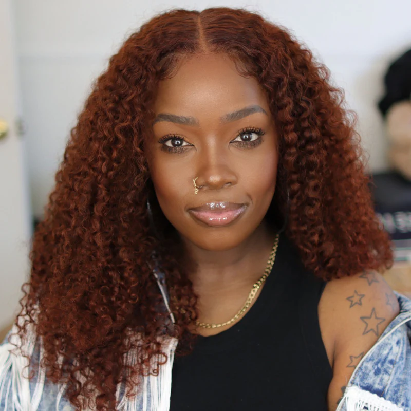 QVR Glueless Auburn Brown 13x4 Lace Frontal Wig Kinky Curly Reddish Brown Color Human Hair Wigs - Image 3