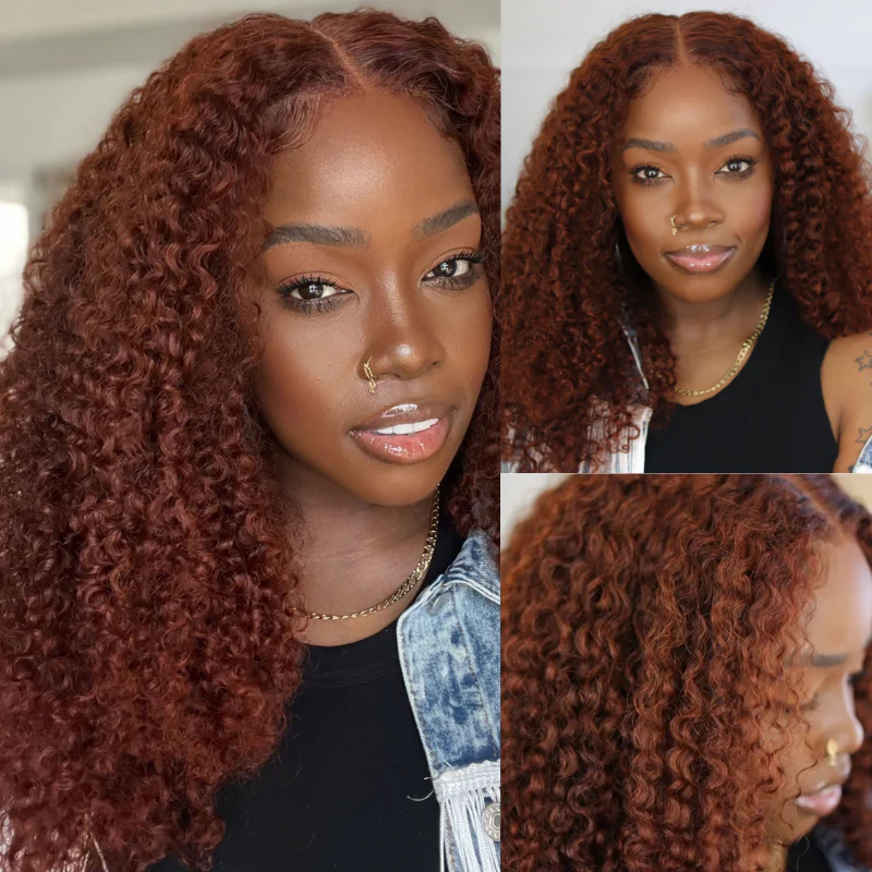 QVR Glueless Auburn Brown 13x4 Lace Frontal Wig Kinky Curly Reddish Brown Color Human Hair Wigs - Image 4