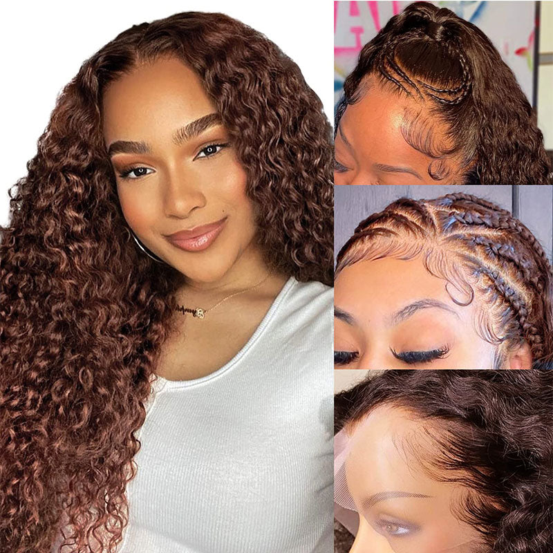 QVR Glueless Auburn Brown 13x4 Lace Frontal Wig Kinky Curly Reddish Brown Color Human Hair Wigs - Image 5