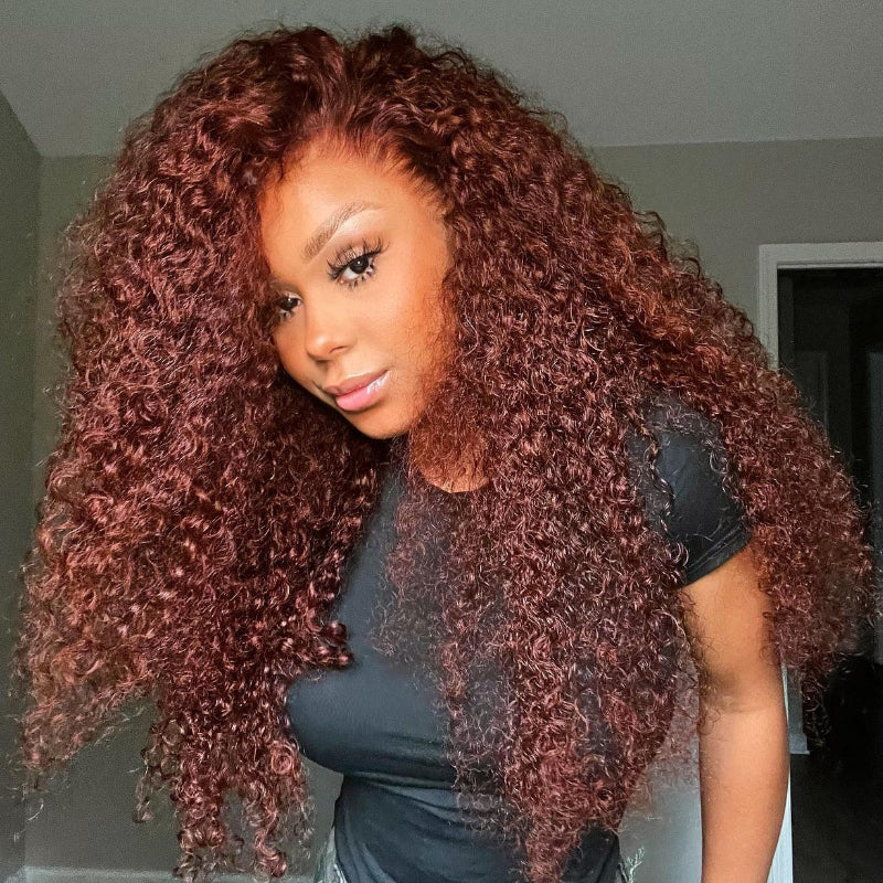 QVR Glueless Auburn Brown 13x4 Lace Frontal Wig Kinky Curly Reddish Brown Color Human Hair Wigs - Image 6