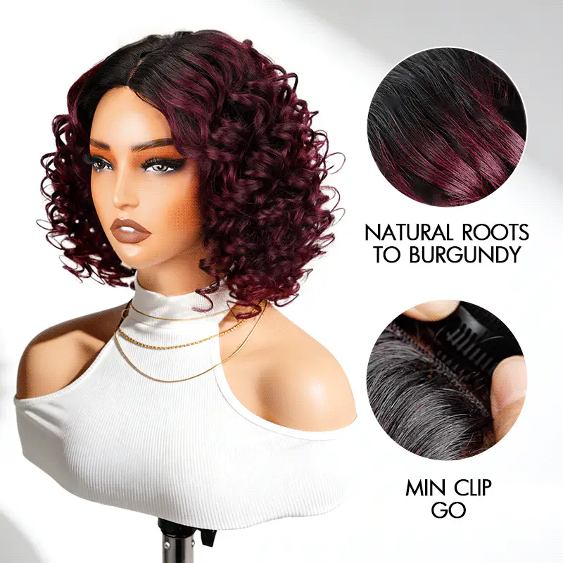 QVR Glueless Big Curly V Part Wig Ombre #T1B/99J Human Hair Short Bob Wig - Image 2