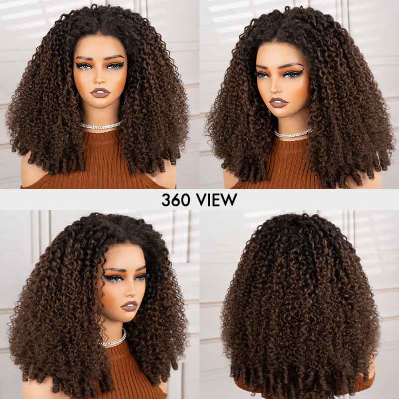 QVR Glueless Burmese Curly #T1B/4 Dark Brown 5X5 Pre-cut Lace Closure Wig with Black Roots Human Hair Wigs 210% Density - Image 3