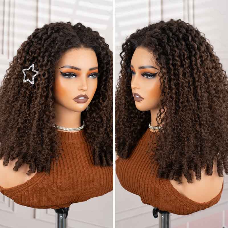 QVR Glueless Burmese Curly #T1B/4 Dark Brown 5X5 Pre-cut Lace Closure Wig with Black Roots Human Hair Wigs 210% Density - Image 4