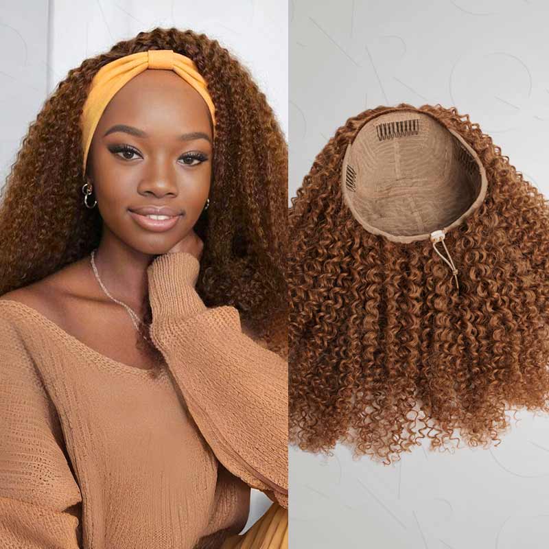 QVR Glueless Auburn Brown Kinky Curly Half Wig 250% Density Human Hair Wig Wear Go Flip Over Wig - Image 9
