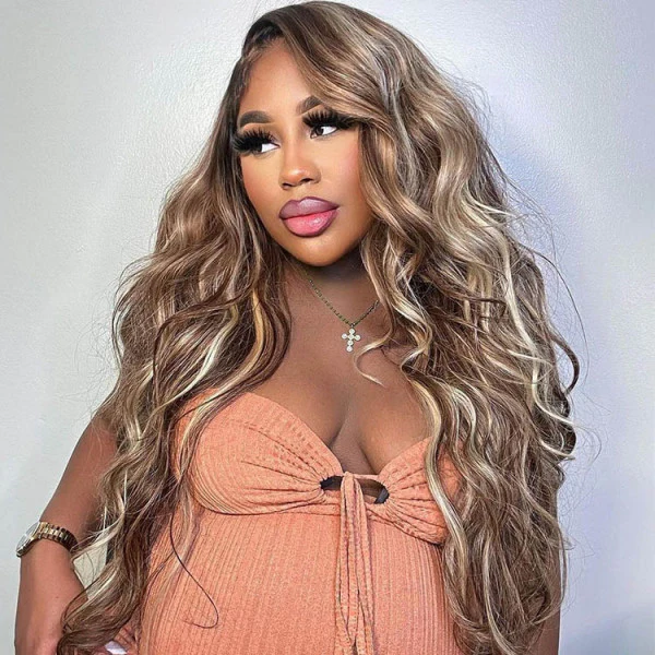 QVR Glueless Highlights Brown With Blonde Pre-cut 4x6 Lace Straight&Body Wave #P5/613 Wigs