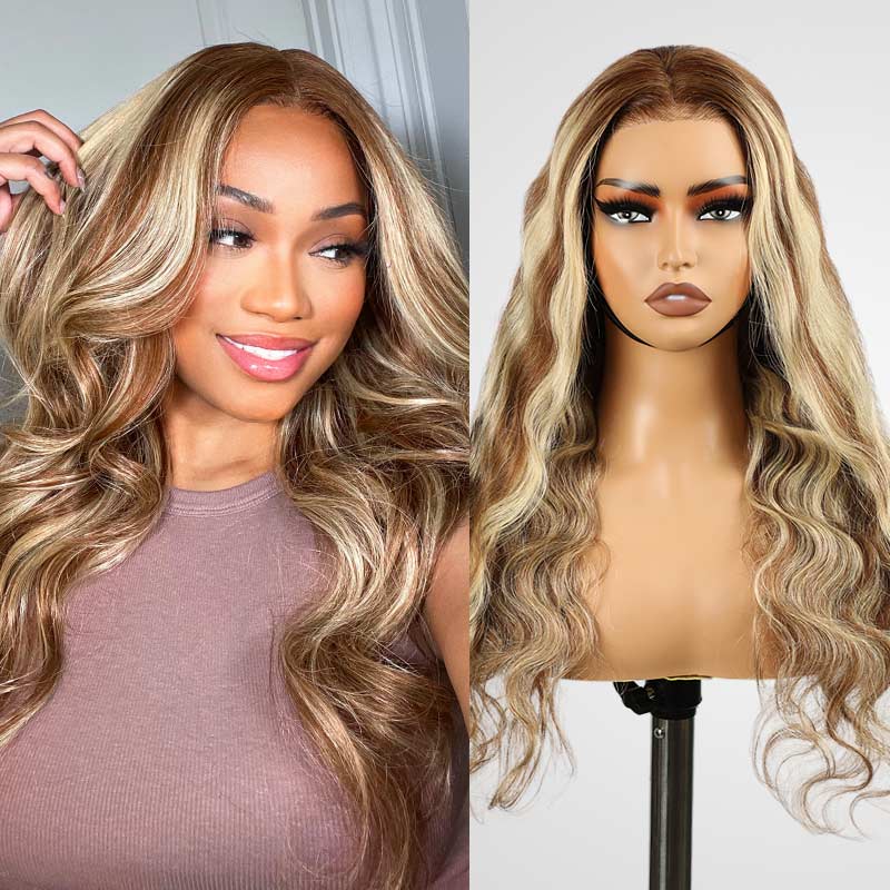 QVR Glueless Highlights Brown With Blonde Pre-cut 4x6 Lace Straight&Body Wave #P5/613 Wigs - Image 2