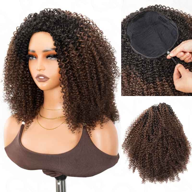QVR Glueless Highlight Brown Kinky Curly Half Wig 250% Density Human Hair Wig #1B/30 Wear Go Flip Over Wig - Image 15