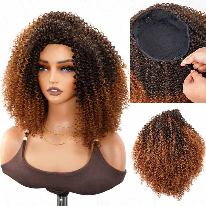 QVR Glueless Highlight Brown Kinky Curly Half Wig 250% Density Human Hair Wig #1B/30 Wear Go Flip Over Wig - Image 17