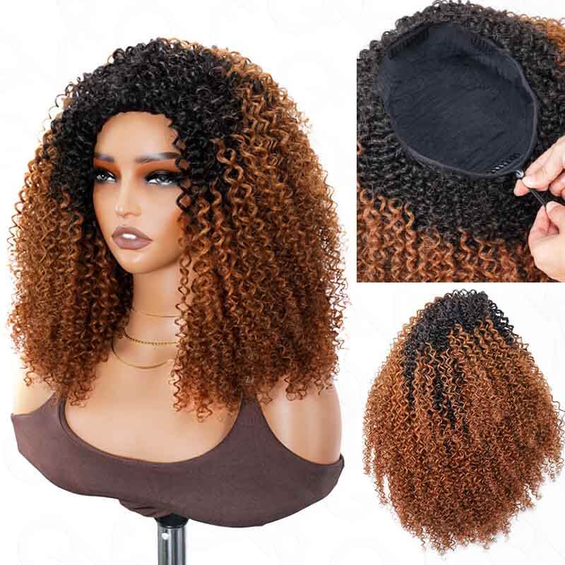 QVR Glueless Highlight Brown Kinky Curly Half Wig 250% Density Human Hair Wig #1B/30 Wear Go Flip Over Wig - Image 18