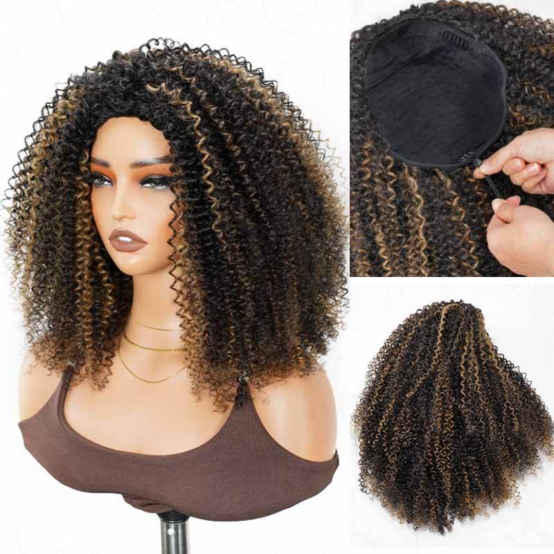 QVR Glueless Blonde Highlight Kinky Curly Half Wig 250% Density Human Hair Wig #1B/27 Wear Go Flip Over Wig - Image 2