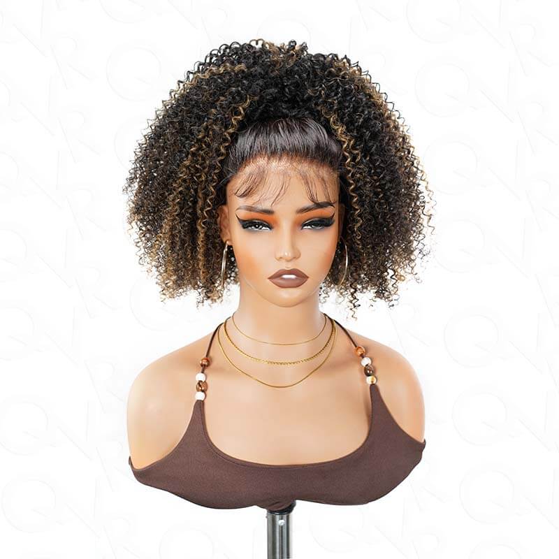 QVR Glueless Blonde Highlight Kinky Curly Half Wig 250% Density Human Hair Wig #1B/27 Wear Go Flip Over Wig - Image 6