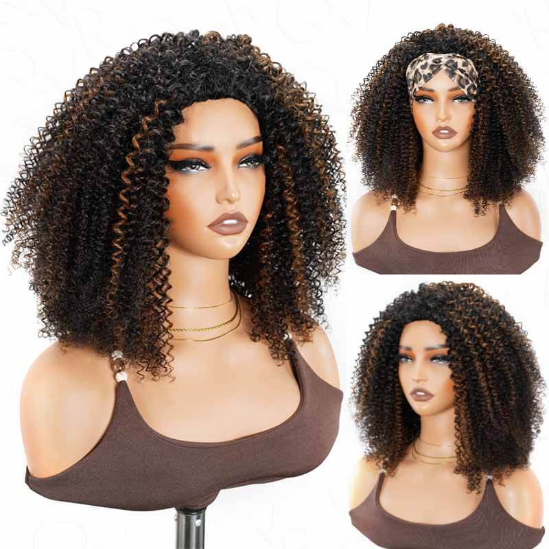 QVR Glueless Highlight Brown Kinky Curly Half Wig 250% Density Human Hair Wig #1B/30 Wear Go Flip Over Wig - Image 2