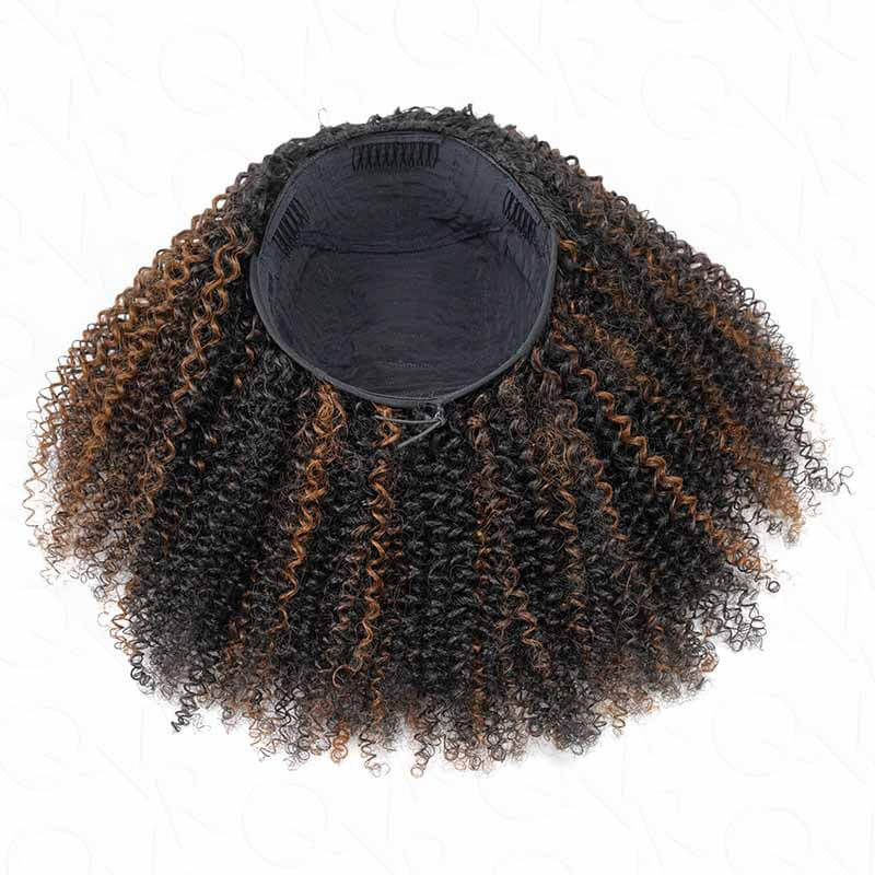 QVR Glueless Highlight Brown Kinky Curly Half Wig 250% Density Human Hair Wig #1B/30 Wear Go Flip Over Wig - Image 4