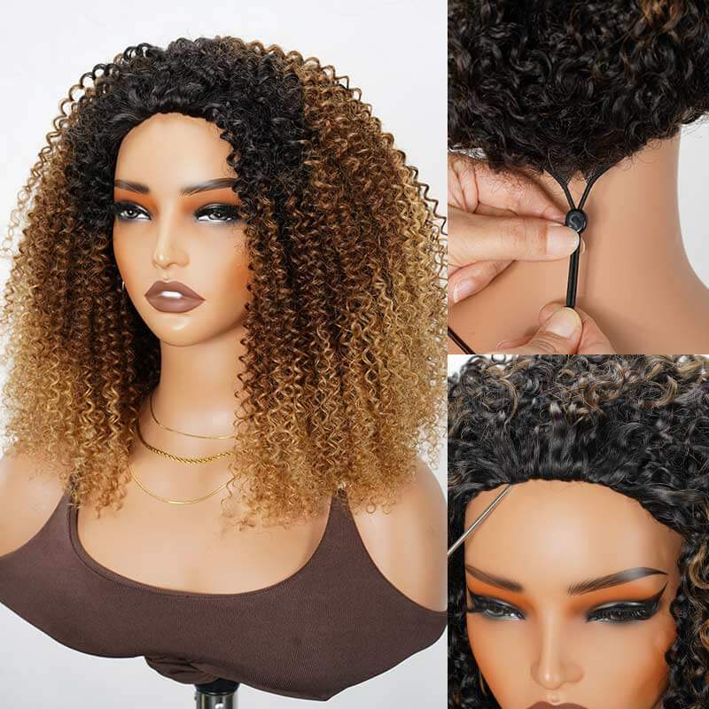 QVR Glueless Ombre Brown Blonde Kinky Curly Half Wig with Black Roots 250% Density Human Hair Wig #T1B/30/27 Wear Go Flip Over Wig - Image 2