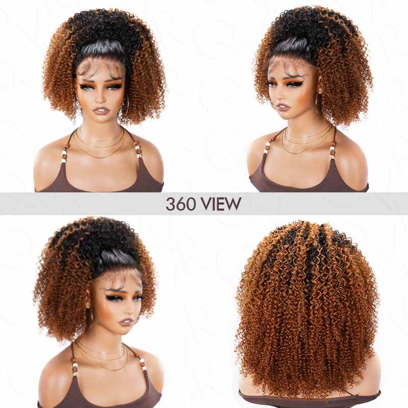 QVR Glueless Ombre Brown Kinky Curly Half Wig with Black Roots 250% Density Human Hair Wig #T1B/30 Wear Go Flip Over Wig - Image 2