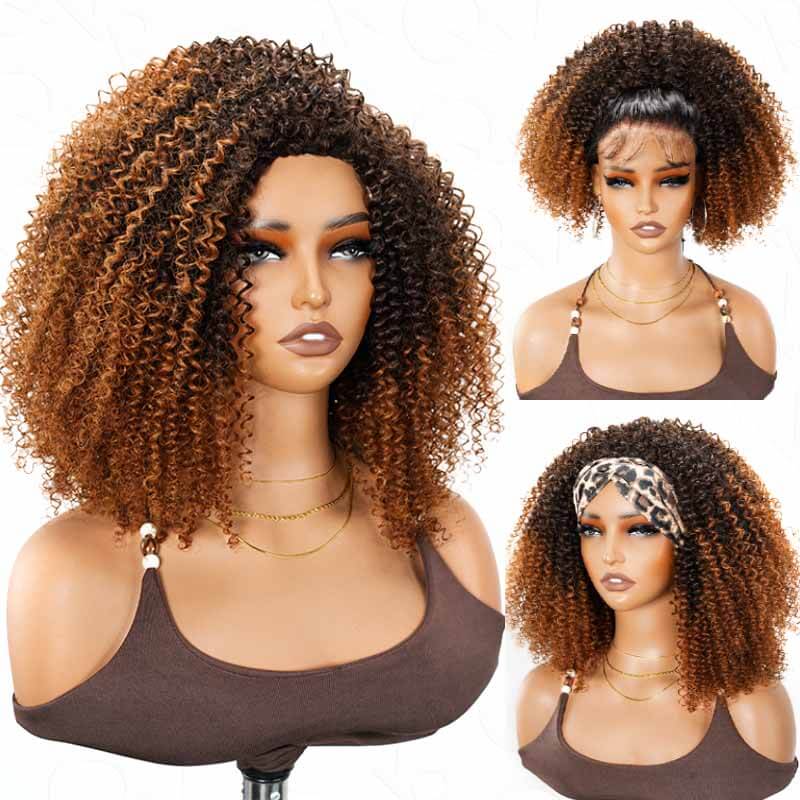 QVR Glueless Ombre Brown Kinky Curly Half Wig 250% Density Human Hair Wig #T2/30 Wear Go Flip Over Wig - Image 2