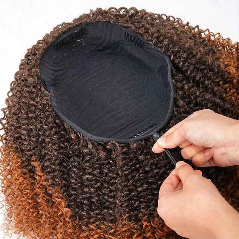 QVR Glueless Ombre Brown Kinky Curly Half Wig 250% Density Human Hair Wig #T2/30 Wear Go Flip Over Wig - Image 5