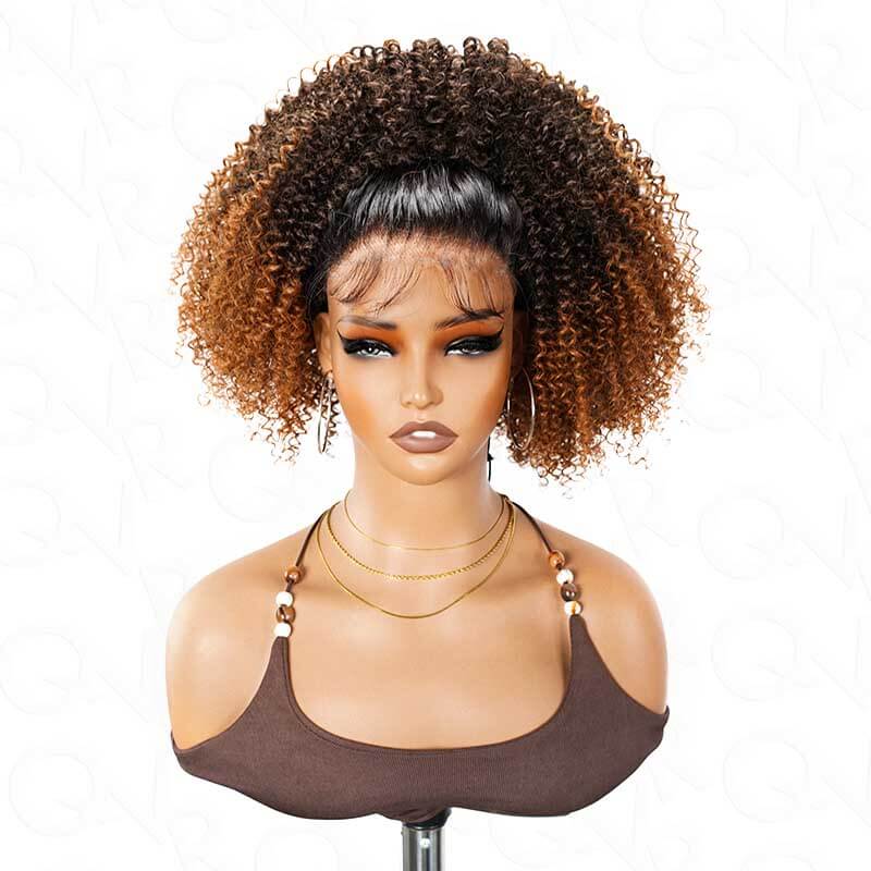 QVR Glueless Ombre Brown Kinky Curly Half Wig 250% Density Human Hair Wig #T2/30 Wear Go Flip Over Wig - Image 7