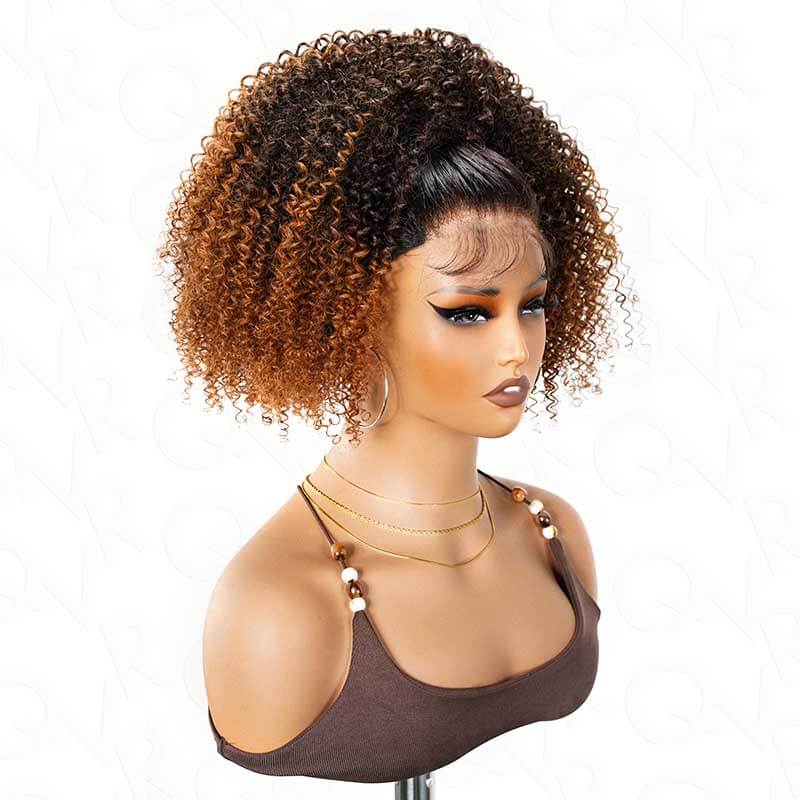 QVR Glueless Ombre Brown Kinky Curly Half Wig 250% Density Human Hair Wig #T2/30 Wear Go Flip Over Wig - Image 8