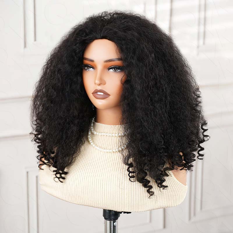 QVR Glueless Kinky Straight Half Wig With Spiral Curl 250% Density Human Hair Wig Natural Black Wear Go Flip Over Wig - Image 5