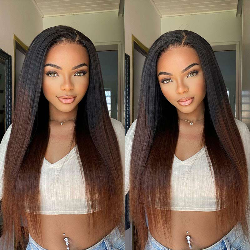 QVR Glueless Curly Edges Kinky Straight 5x5 Lace Closure Human Hair Wigs Black To Brown Ombre Long Wigs - Image 2
