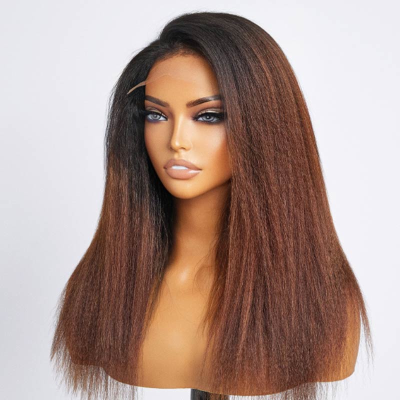 QVR Glueless Curly Edges Kinky Straight 5x5 Lace Closure Human Hair Wigs Black To Brown Ombre Long Wigs - Image 4