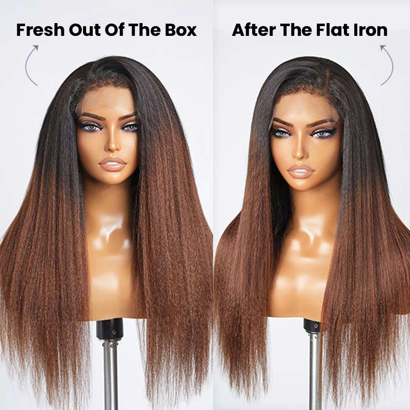 QVR Glueless Curly Edges Kinky Straight 5x5 Lace Closure Human Hair Wigs Black To Brown Ombre Long Wigs - Image 5